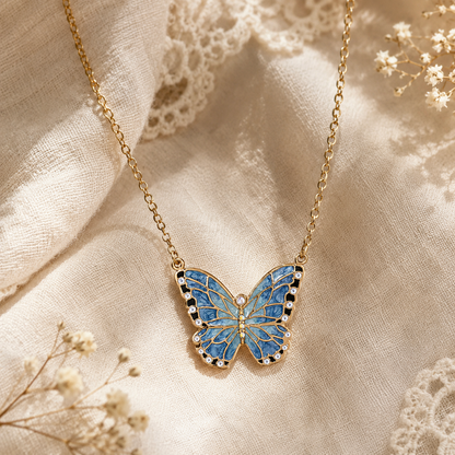 Collana con ciondolo a farfalla smaltato blu | Cristalli | Oro 14k