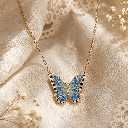 Collana con ciondolo a farfalla smaltato blu | Cristalli | Oro 14k