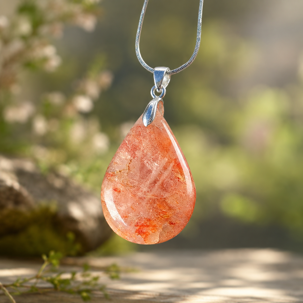 Collana in acciaio inox con ciondolo in quarzo ematoide rosso