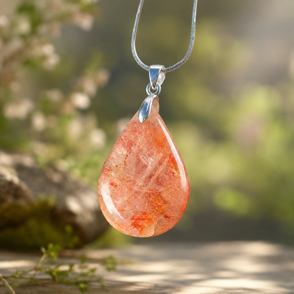 Collana in acciaio inox con ciondolo in quarzo ematoide rosso