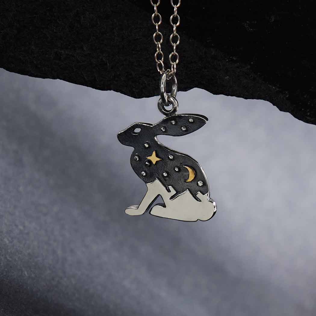 Collana lepre con luna e stella in argento sterling e bronzo