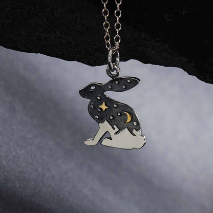 Collana lepre con luna e stella in argento sterling e bronzo