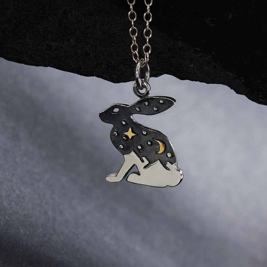 Collana lepre con luna e stella in argento sterling e bronzo