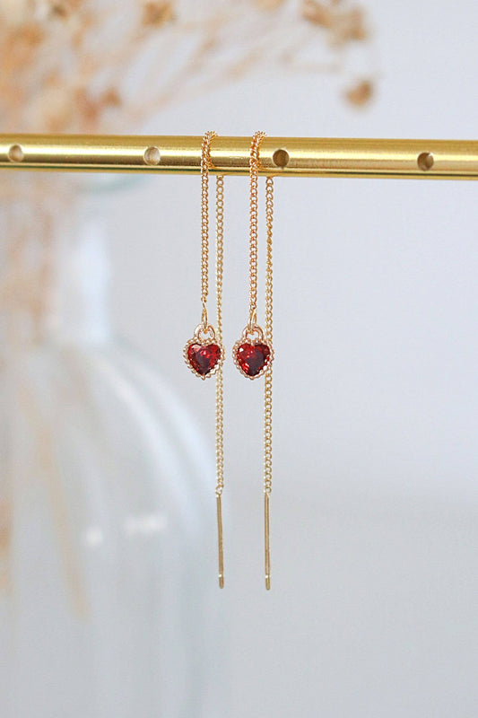 Darling | Chain Drop Earrings | Red Cubic Zirconia Heart | 24K Gold Plated