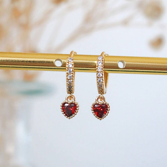 Darling | Hoop Earrings | Red Zirconia Heart | 24K Gold Plated