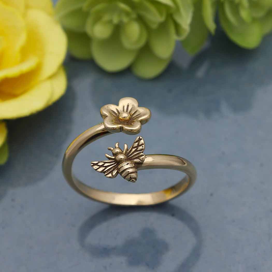 Anello regolabile Ape e fiore di ciliegio in Bronzo