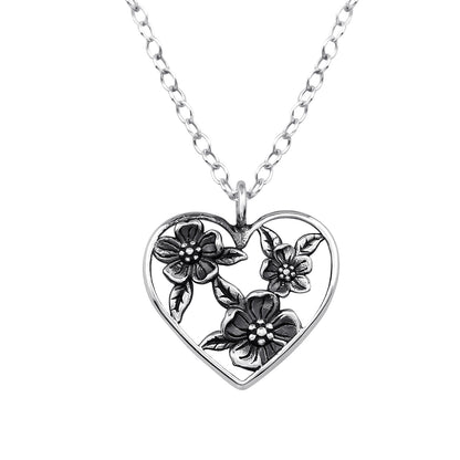 Fiorincanto | Collana Cuore di fiori | Argento Sterling 925 | Placcato Argento + Ossidato + E-coat
