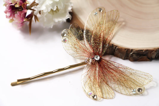 Forcina per capelli Lady Sun con ali iridescenti e cristalli Swarovski, fatta a mano