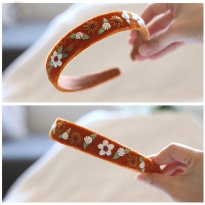 Cerchietto per Capelli in Velluto Ricamato con Motivo Floreale | Arancione