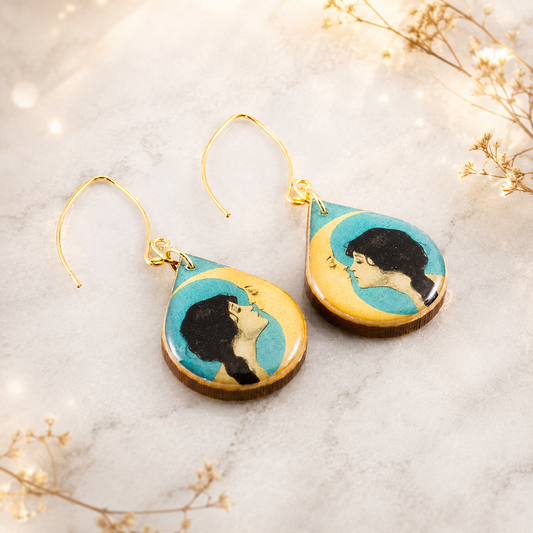 Orecchini Art Nouveau con donna e luna
