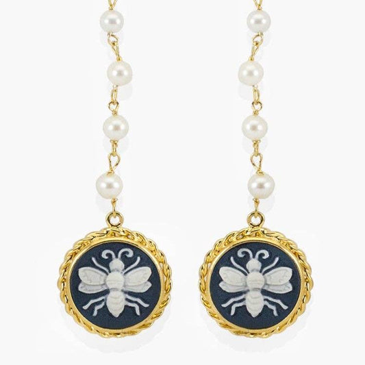 Drop Earrings | Cameo and Pearl in the Shape of a Queen Bee | Handcrafted