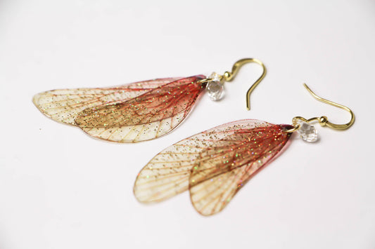 Orecchini ali di fata fairycore arancioni con cristalli Swarovski, fatti a mano