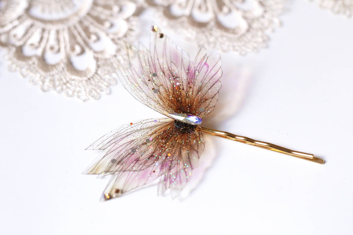 Orecchini ali di fata fairycore caramello e viola con cristalli Swarovski