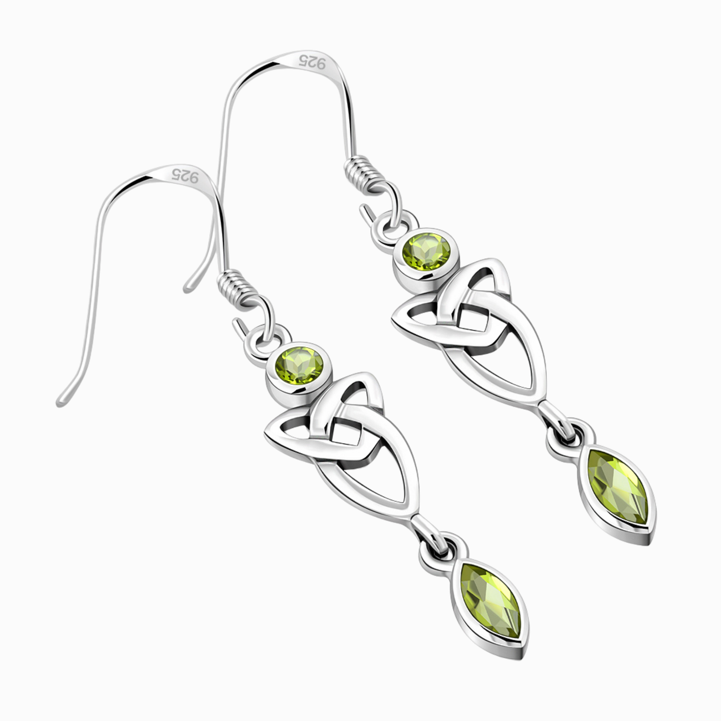 Orecchini celtici con Triquetra e zirconia cubica verde color peridoto