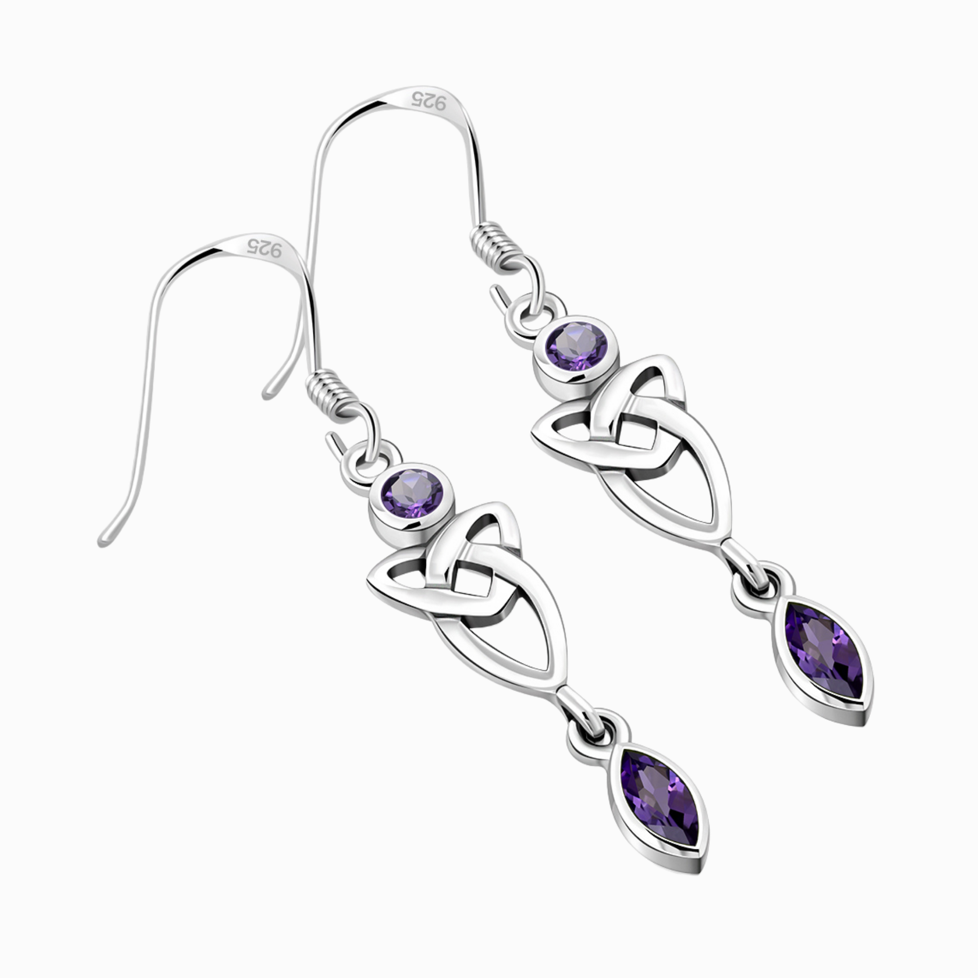 Orecchini celtici con Triquetra e zirconia cubica viola color ametista
