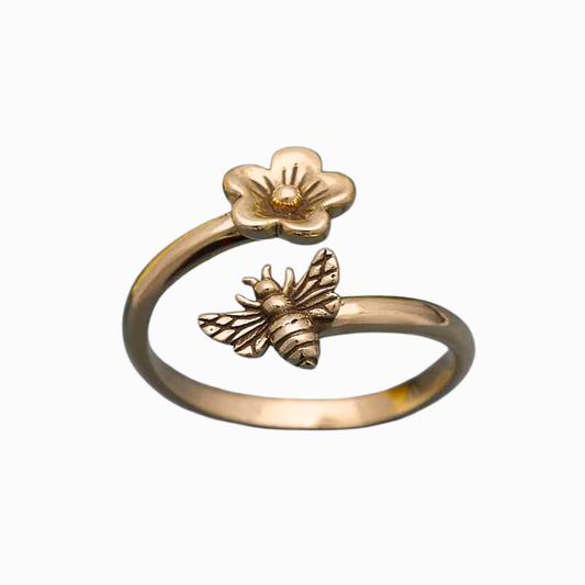 Anello regolabile | Ape e fiore di ciliegio | Bronzo
