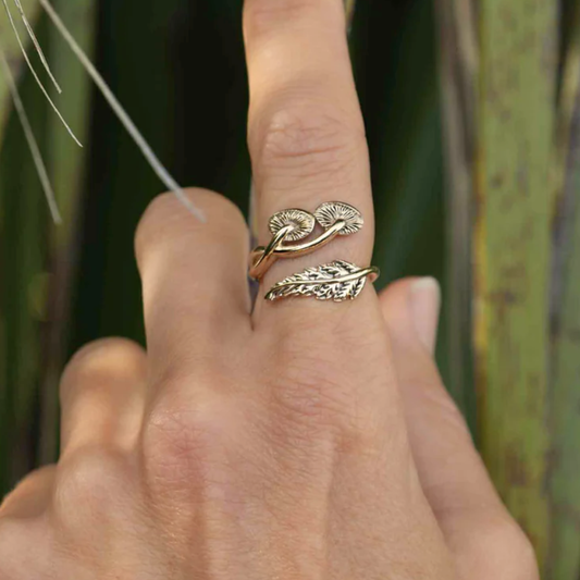 Anello sottobosco regolabile | Felce e funghetti | Bronzo