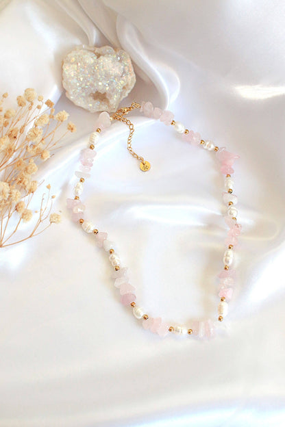 Rose | Collana in Quarzo Rosa e Perle d'Acqua Dolce | Handmade