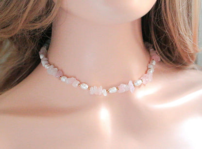Rose | Collana in Quarzo Rosa e Perle d'Acqua Dolce | Handmade