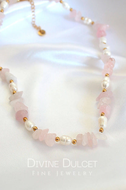 Rose | Collana in Quarzo Rosa e Perle d'Acqua Dolce | Handmade