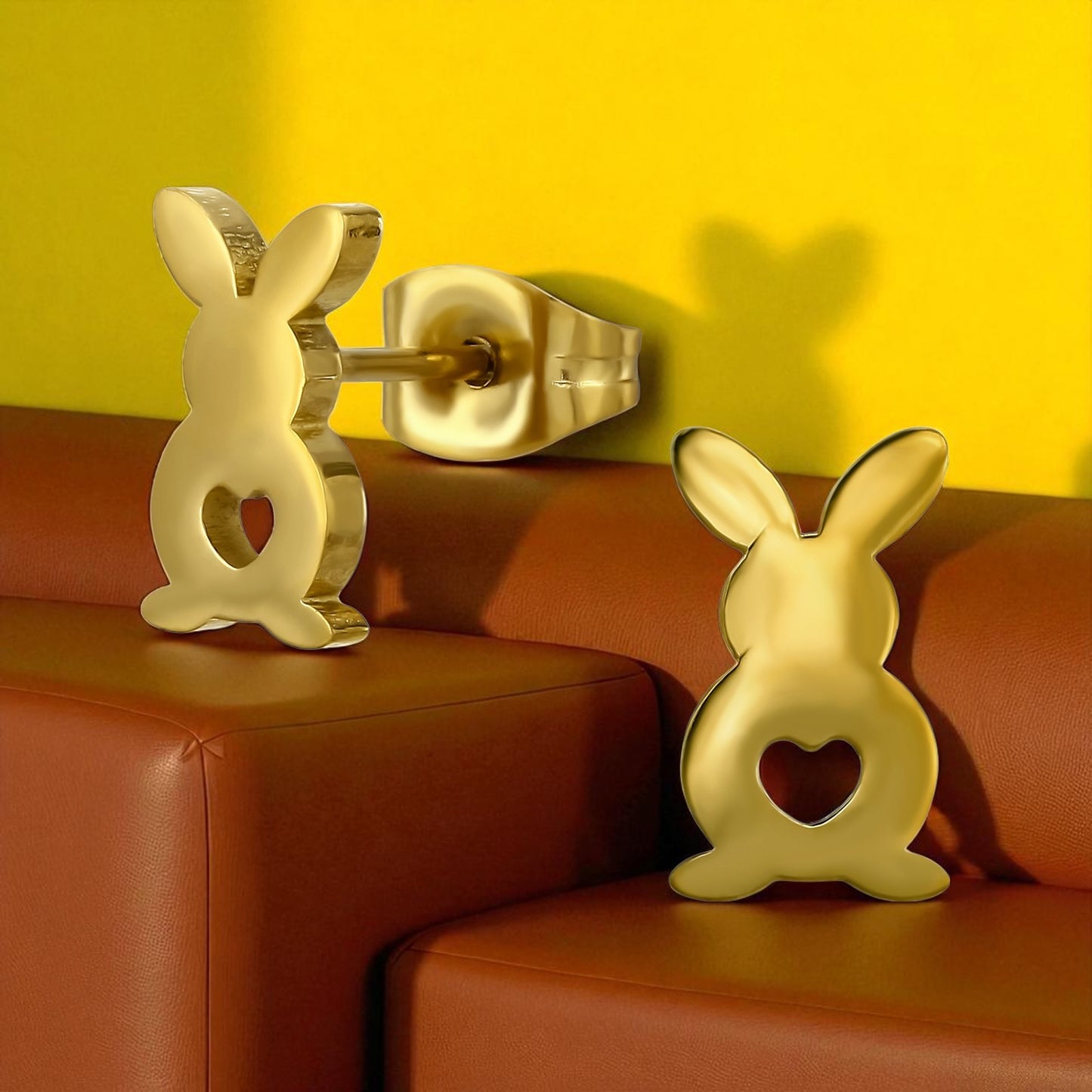 Bunnyheart | Orecchini Coniglietto con Cuore in Acciaio Inossidabile | Placcato Oro