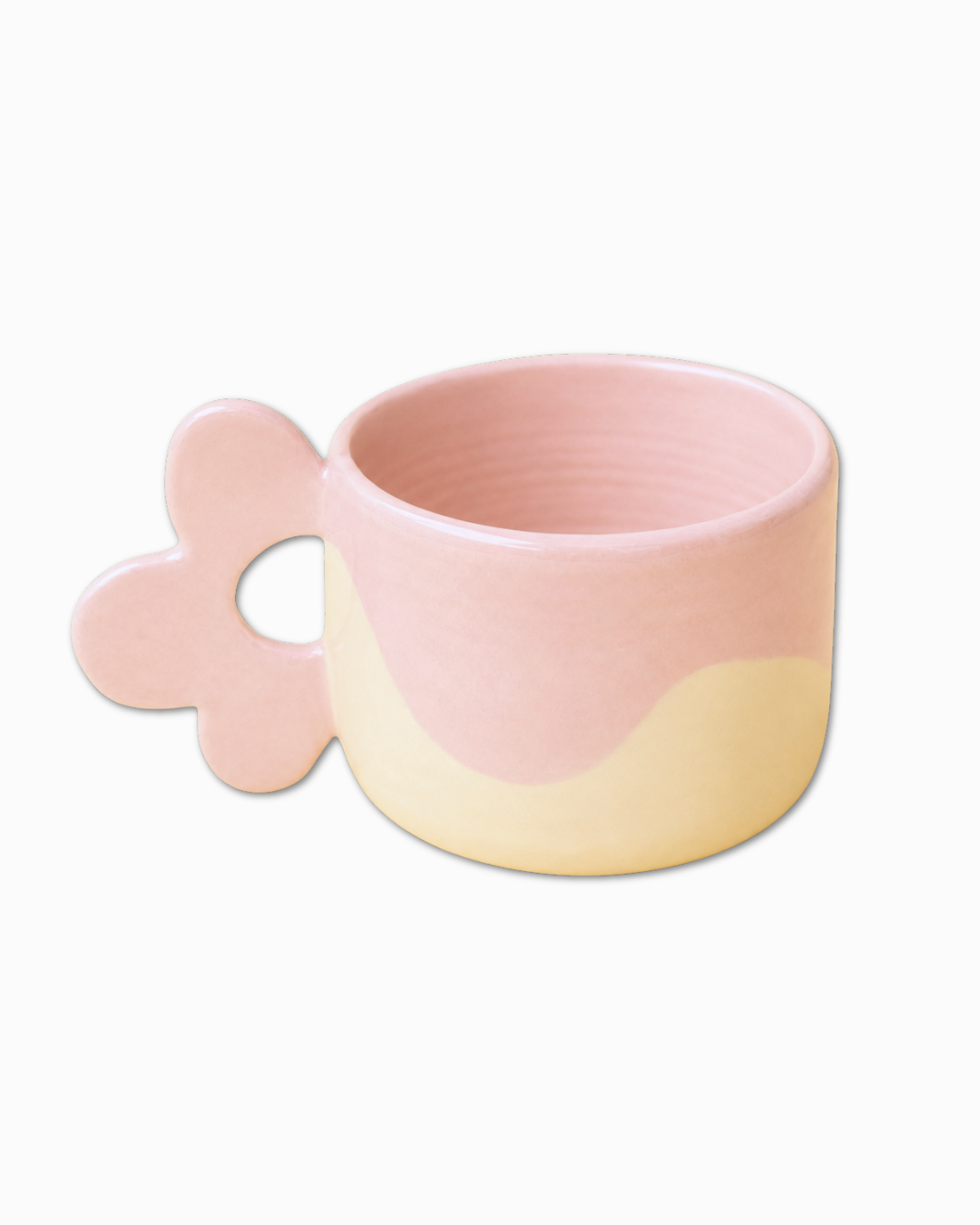 Tazza in ceramica rosa e crema con manico a forma di fiore