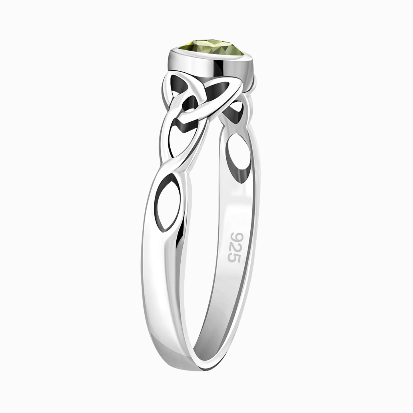 Vista laterale anello celtico in argento 925 con peridoto