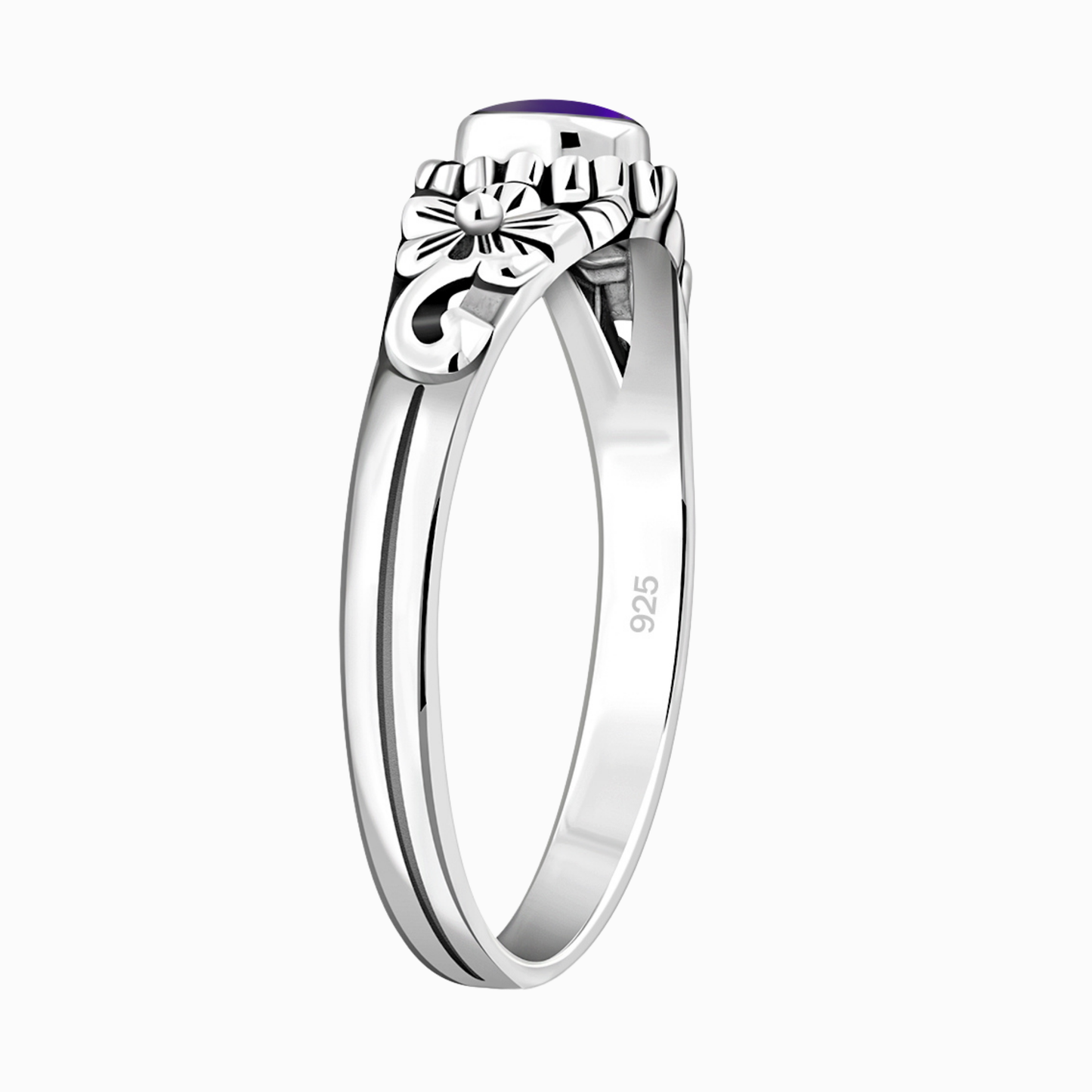 Vista laterale anello floreale in argento sterling 925 con ametista
