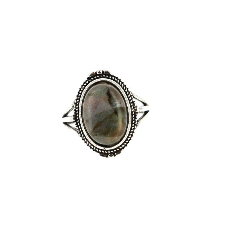 Anelli in Labradorite Regolabili in Ottone Placcato Argento 15x11 mm