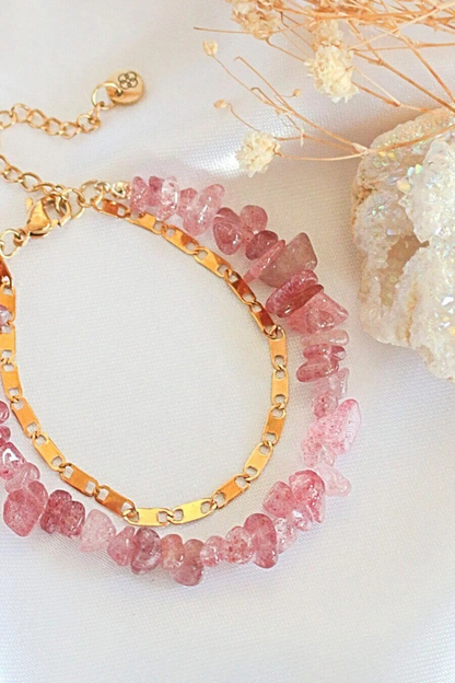“Waikiki” | Bracciale a doppio strato con quarzo fragola e oro 24K | Fatto a mano