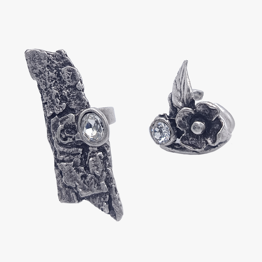 Ancient Petal | Set Anelli in Argento Anticato con Cristallo