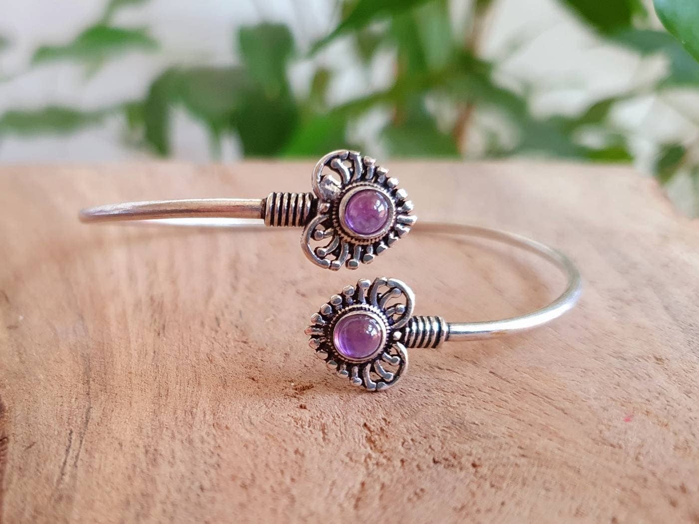 Bracciale in argento e ametista | Ottone | Placcato Argento | Regolabile | Fatto a mano