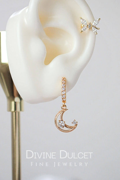 Moonlight | Hoop Earrings | Cubic Zirconia Moon | 24K | Handmade