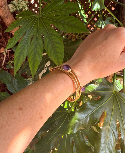 Bracciale in Ottone Martellato con Ametista | Regolabile | Artigianale