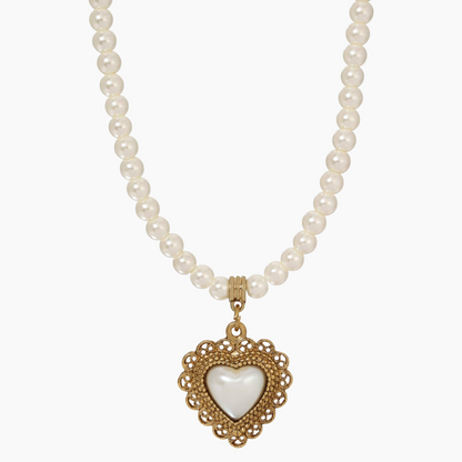 Collana a forma di cuore in vetro e perle sintetiche | finitura oro 14 carati
