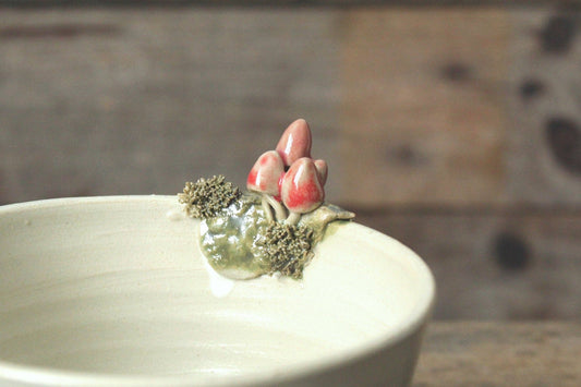 dettaglio Ciotola in ceramica gres decorata a mano con piccoli funghi rosa