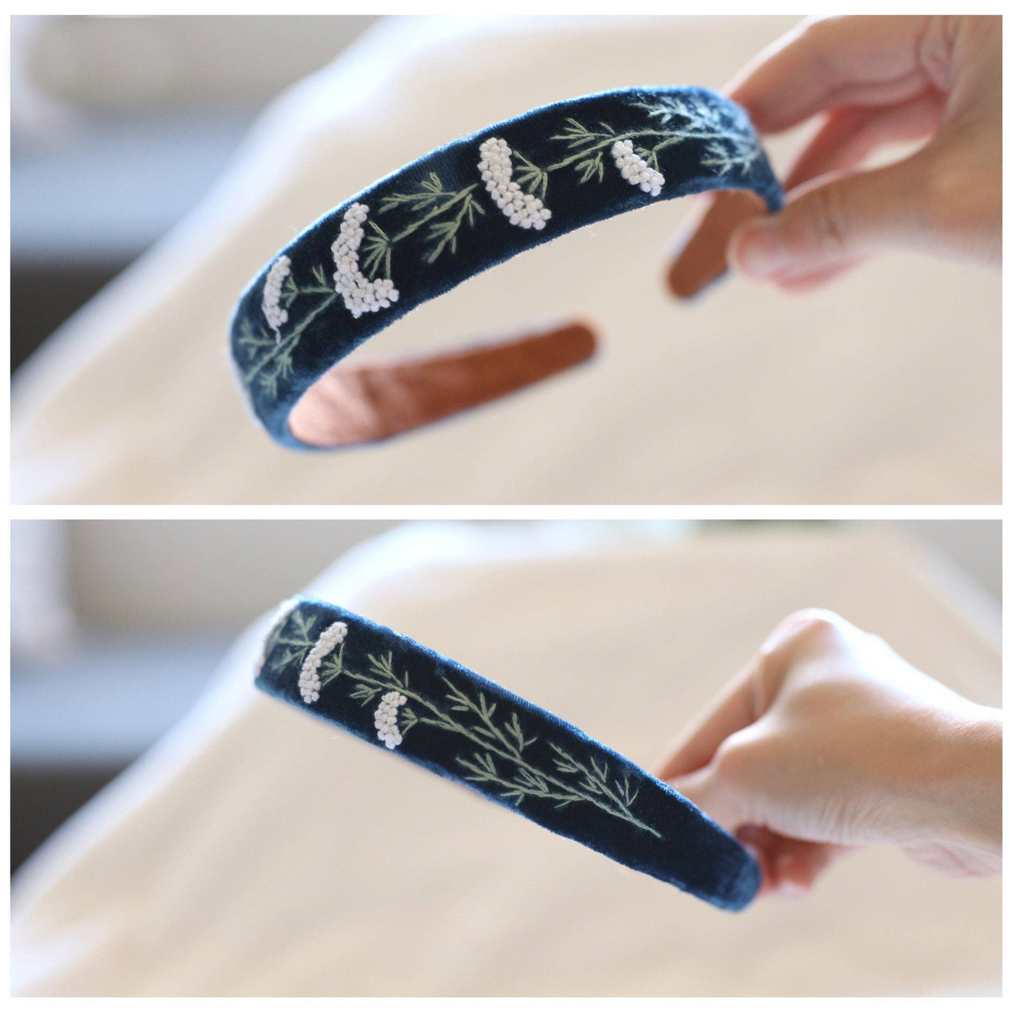 Cerchietto per Capelli in Velluto Ricamato con Motivo Floreale | Blu