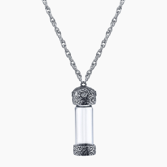 Collana con Grande pendente in fiala di vetro cristallo e peltro anticato con chiusura a vite | Stile Vintage | 5,8 cm x 1,9 cm
