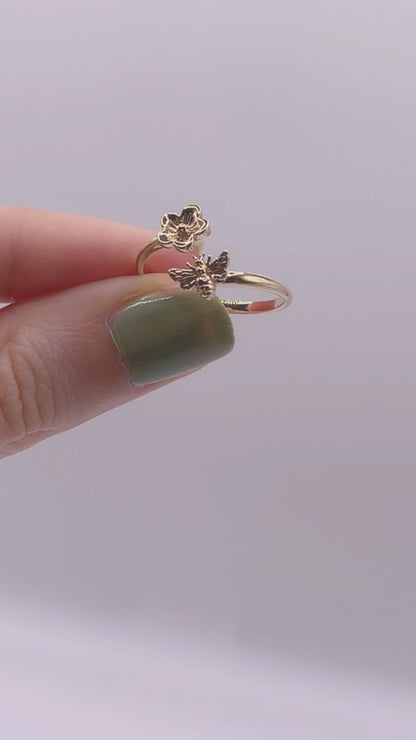 Anello regolabile | Ape e fiore di ciliegio | Bronzo